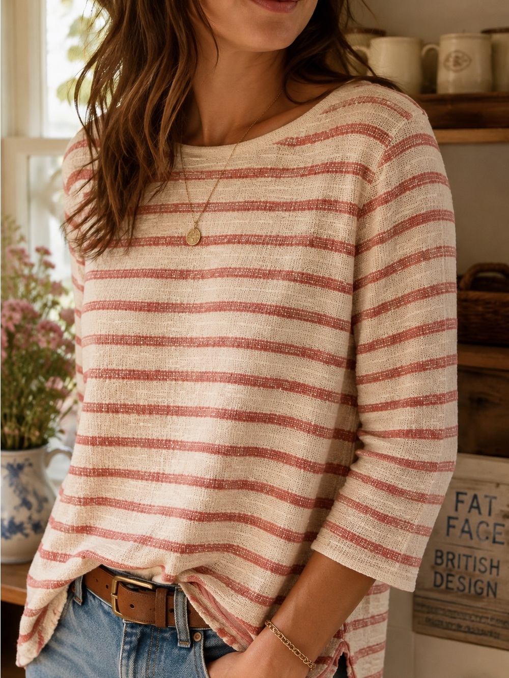 Fat Face Textured Knit Striped Sweater Top Pink Cream Button Back L